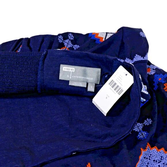 NWT by Anthropologie Navy Blue Off the Shoulder Embroidered Boho Top Smocking S - Picture 5 of 9